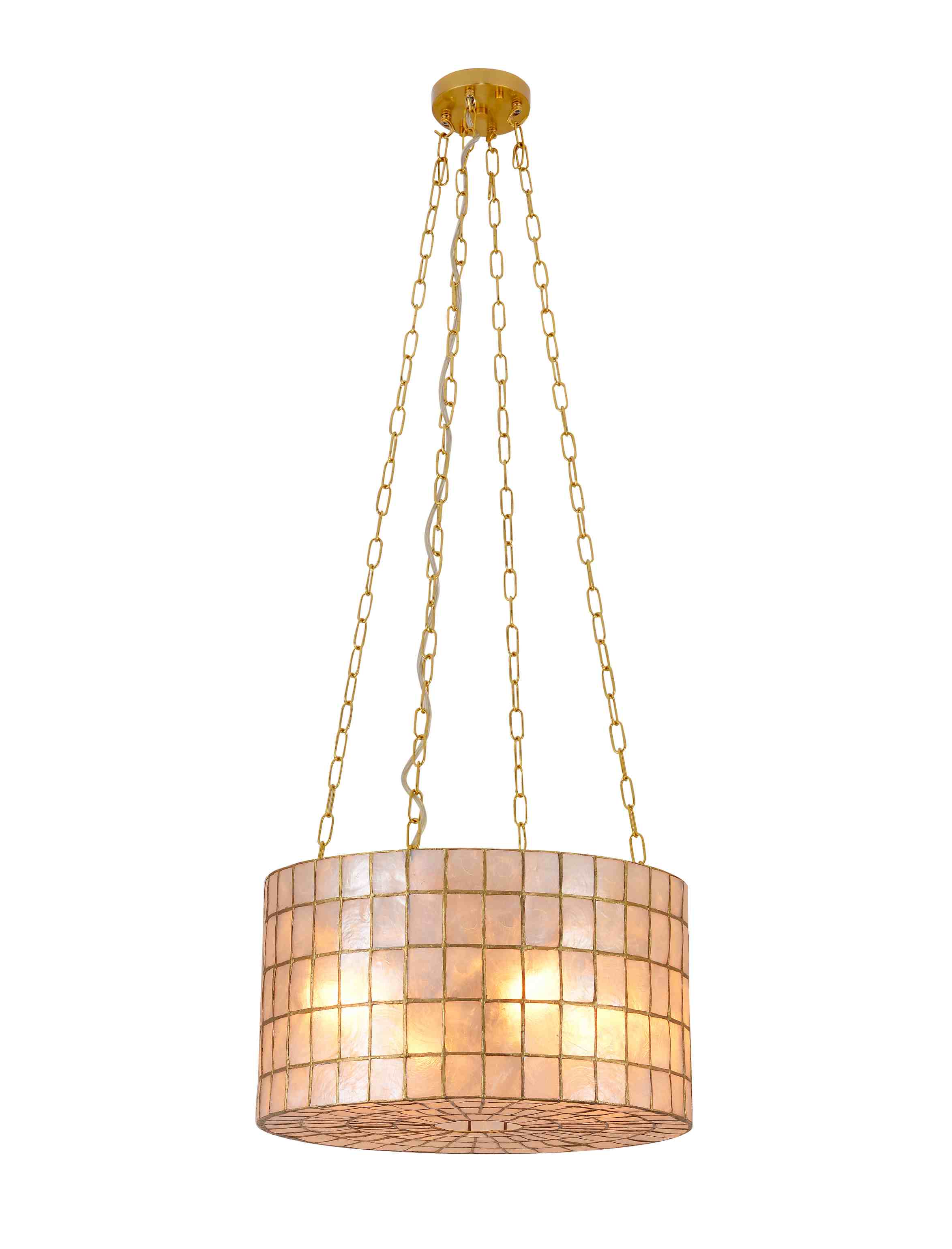 Capiz Shell Drum Chandelier na may Gold Chandel