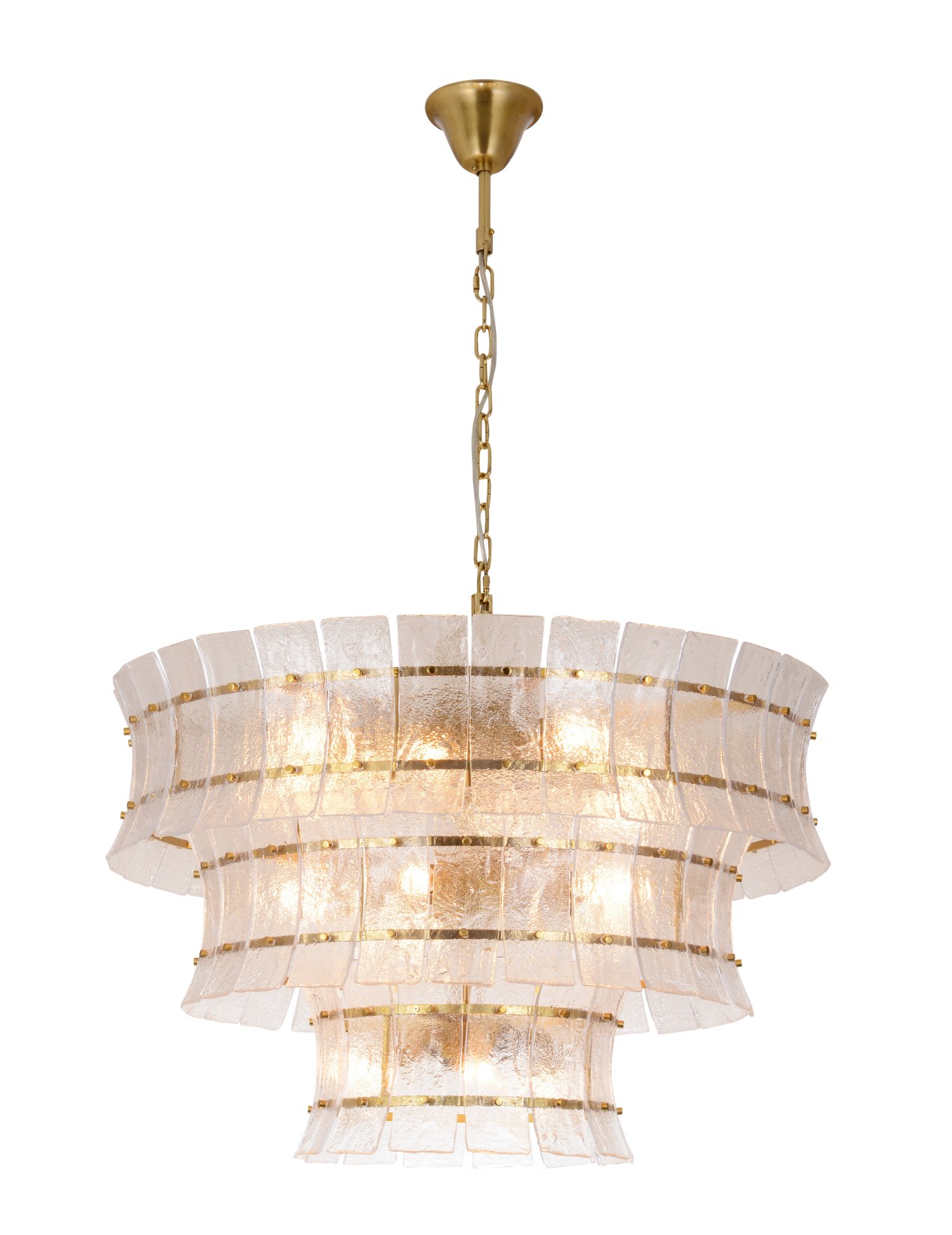Three-Tier Hammered Textured Glass Brass Chandelier