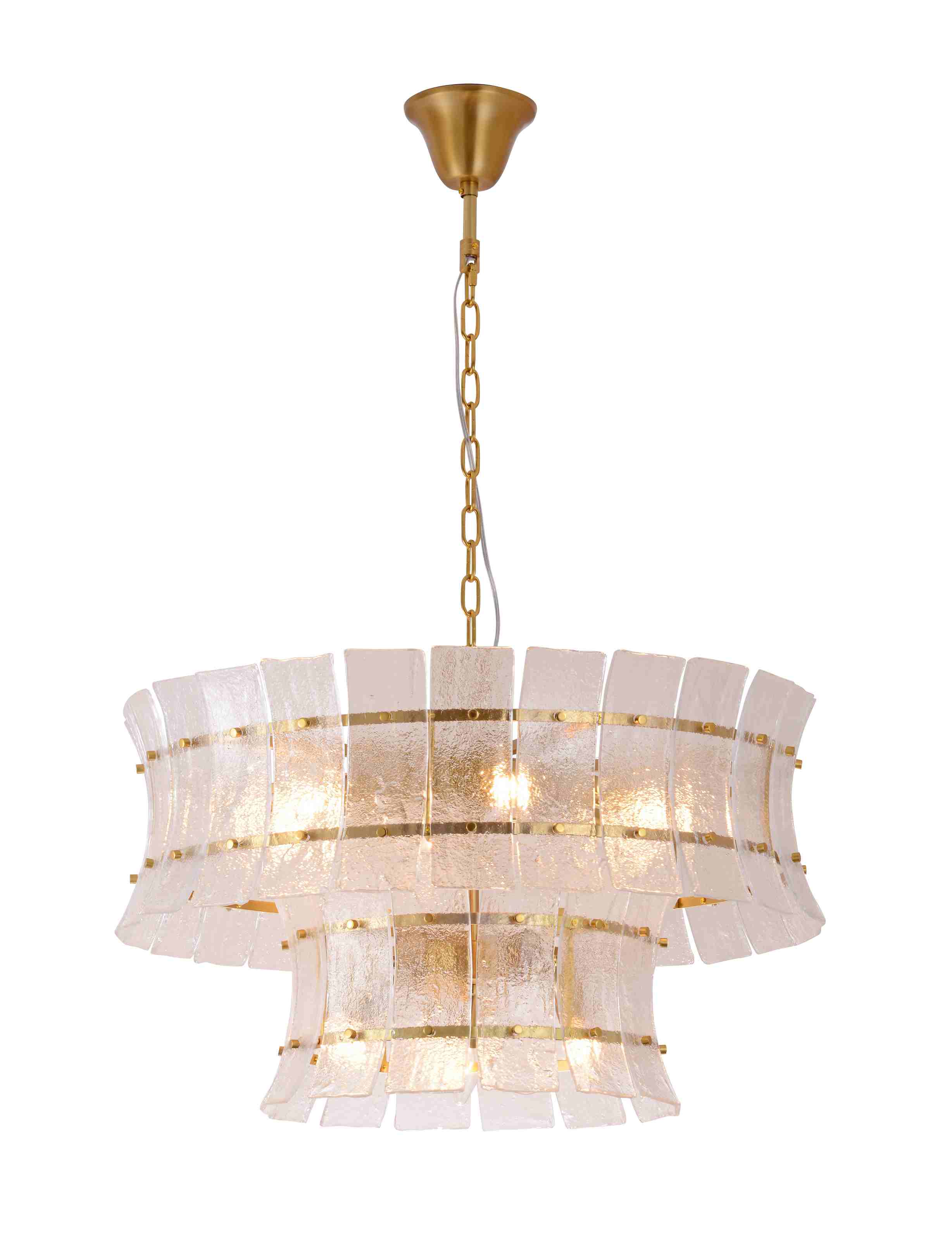 Two-Tier Hammered Textured Glass Brass Chandelier